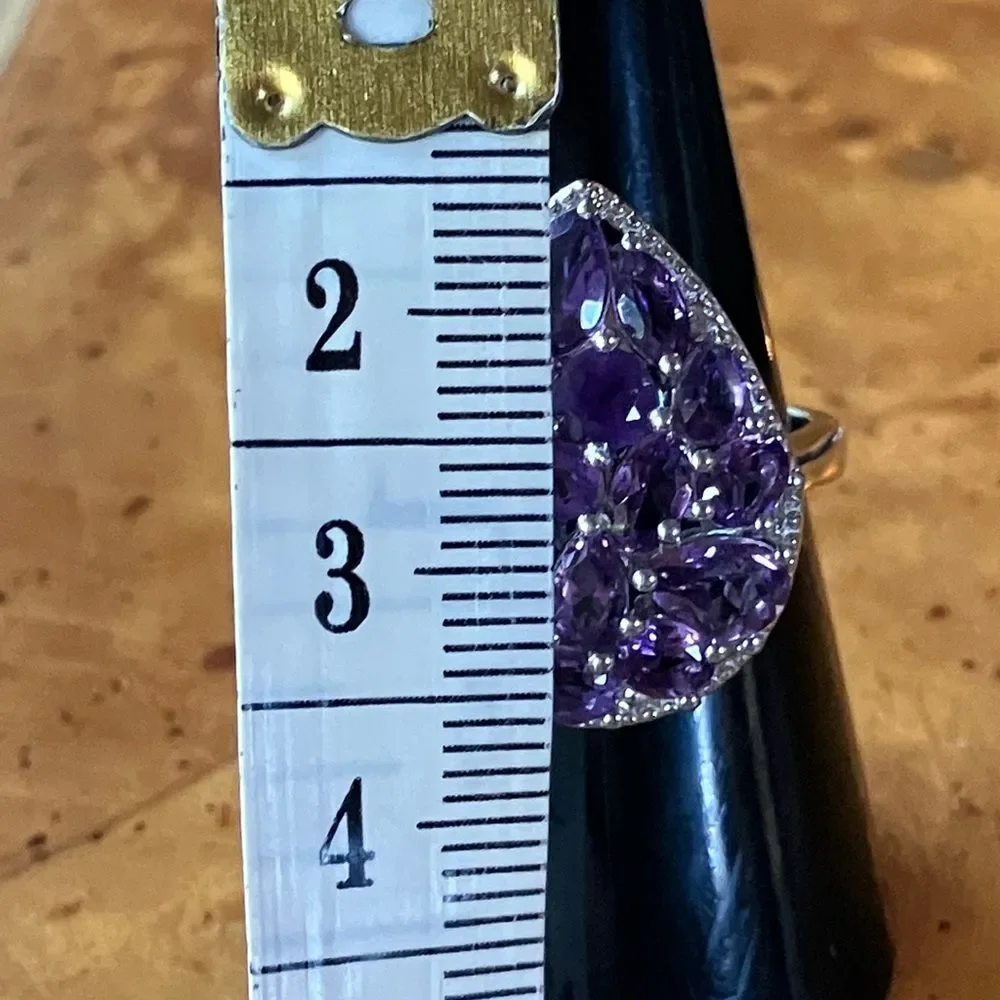 Natural Amethyst White Zircon Sterling Silver Cocktail Ring Size 7